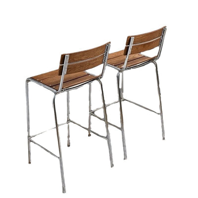 Tabouret de bar carré en bois massif et fer rétro contemporain avec dossier et repose-pieds pour cuisine et comptoir de bar 