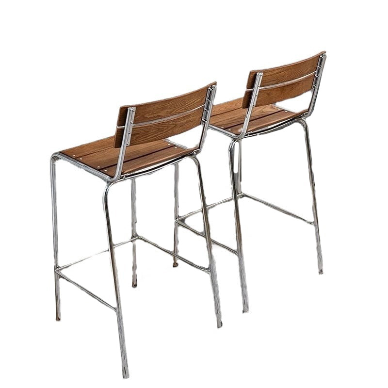 Tabouret de bar carré en bois massif et fer rétro contemporain avec dossier et repose-pieds pour cuisine et comptoir de bar 