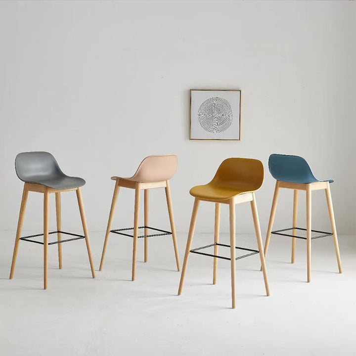 Contemporary Nordic PP Beech &amp; Metal Square Bar Stool With Backrest &amp; Footrest For Kitchen &amp; Bar
