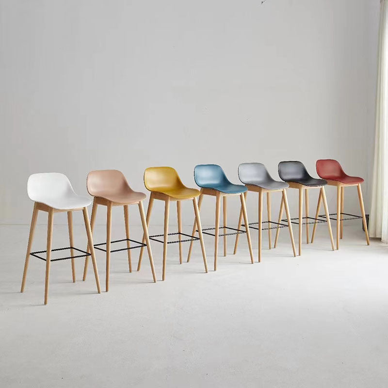 Contemporary Nordic PP Beech &amp; Metal Square Bar Stool With Backrest &amp; Footrest For Kitchen &amp; Bar