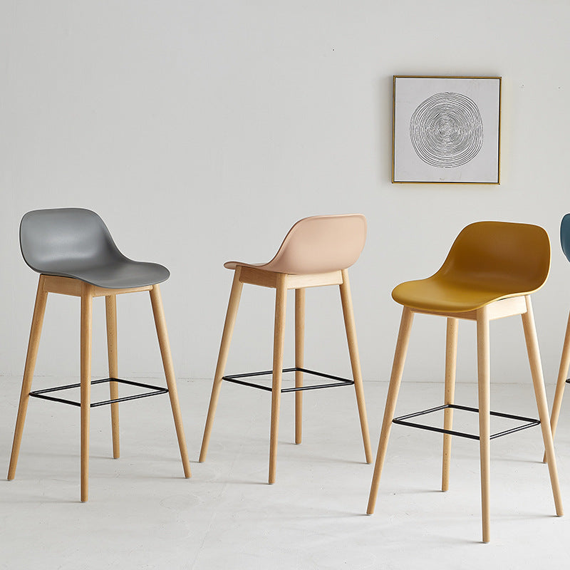 Contemporary Nordic PP Beech &amp; Metal Square Bar Stool With Backrest &amp; Footrest For Kitchen &amp; Bar