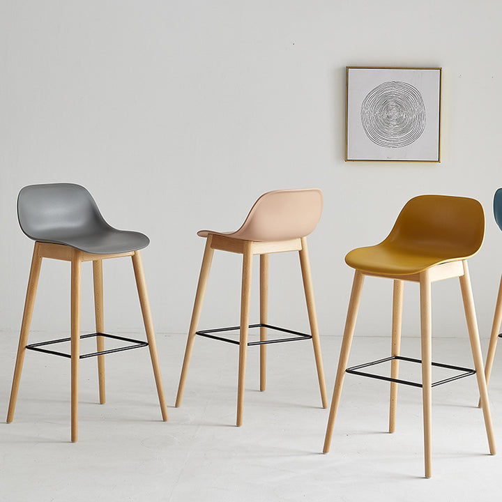 Contemporary Nordic PP Beech &amp; Metal Square Bar Stool With Backrest &amp; Footrest For Kitchen &amp; Bar