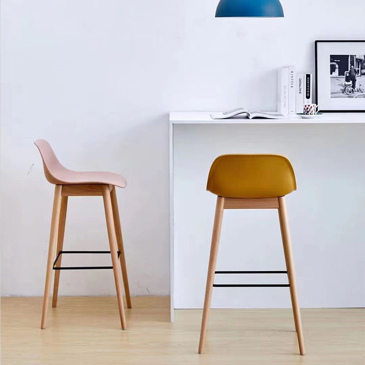 Contemporary Nordic PP Beech &amp; Metal Square Bar Stool With Backrest &amp; Footrest For Kitchen &amp; Bar