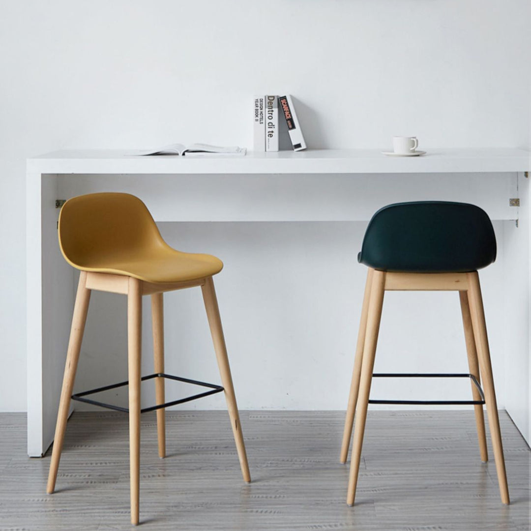 Contemporary Nordic PP Beech &amp; Metal Square Bar Stool With Backrest &amp; Footrest For Kitchen &amp; Bar