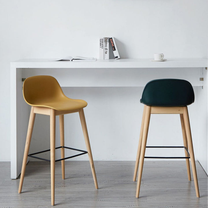 Contemporary Nordic PP Beech &amp; Metal Square Bar Stool With Backrest &amp; Footrest For Kitchen &amp; Bar