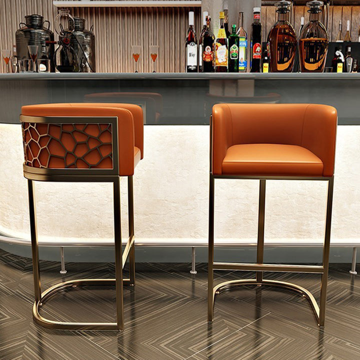 Modern Luxury Faux Leather &amp; Metal Curved Oval Bar Stool With Armrests &amp; Footrest For Kitchen &amp; Bar Counter