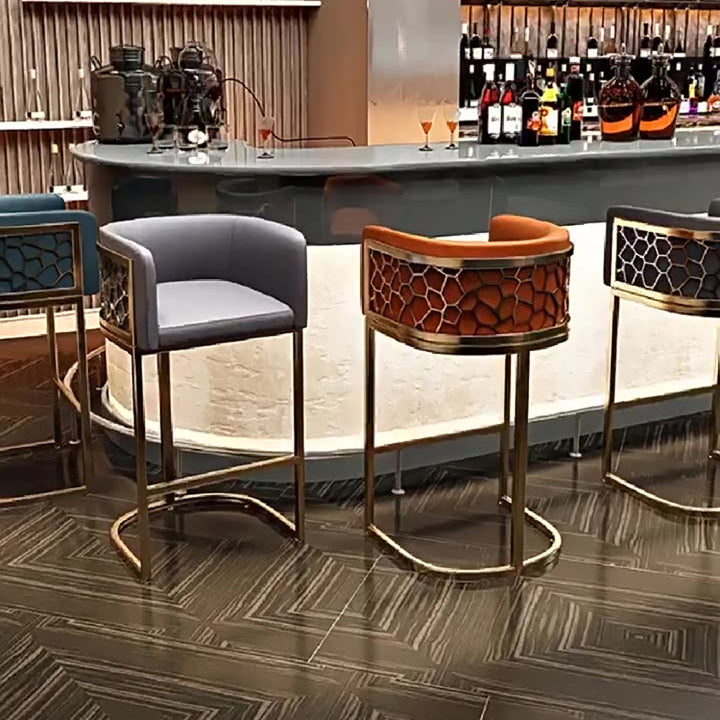 Modern Luxury Faux Leather &amp; Metal Curved Oval Bar Stool With Armrests &amp; Footrest For Kitchen &amp; Bar Counter