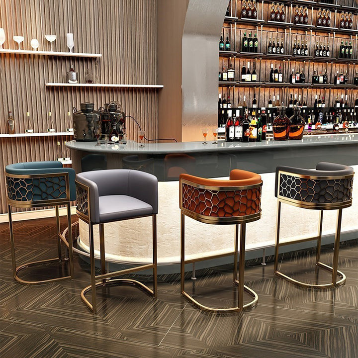 Modern Luxury Faux Leather &amp; Metal Curved Oval Bar Stool With Armrests &amp; Footrest For Kitchen &amp; Bar Counter