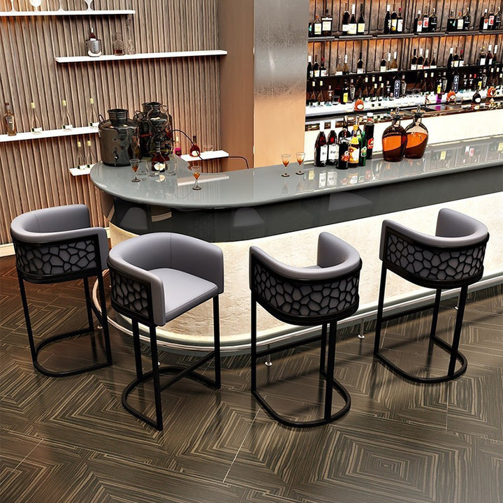 Modern Luxury Faux Leather &amp; Metal Curved Oval Bar Stool With Armrests &amp; Footrest For Kitchen &amp; Bar Counter