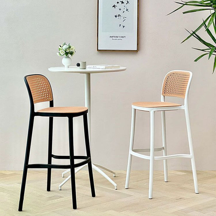 Contemporary Scandinavian PP Weaving Square Bar Stool With Backrest & Footrest For Kitchen & Bar Counter
