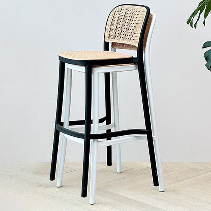 Contemporary Scandinavian PP Weaving Square Bar Stool With Backrest & Footrest For Kitchen & Bar Counter