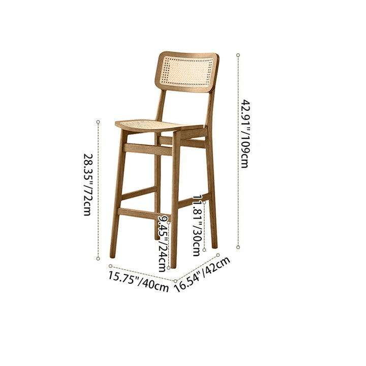Tabouret de bar carré en bois de frêne et rotin tissé japonais traditionnel avec dossier et repose-pieds pour cuisine et comptoir de bar 