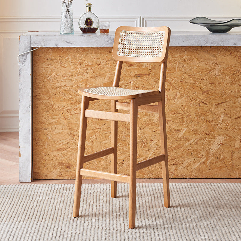 Tabouret de bar carré en bois de frêne et rotin tissé japonais traditionnel avec dossier et repose-pieds pour cuisine et comptoir de bar 