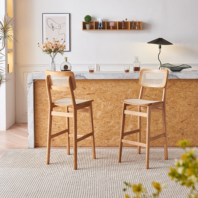 Tabouret de bar carré en bois de frêne et rotin tissé japonais traditionnel avec dossier et repose-pieds pour cuisine et comptoir de bar 