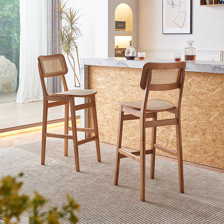 Traditional Japanese Weaving Ash Wood Plywood Rattan Weaving Square Bar Stool With Backrest & Footrest For Kitchen & Bar Counter