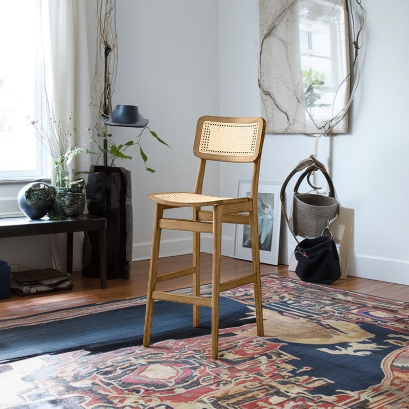 Tabouret de bar carré en bois de frêne et rotin tissé japonais traditionnel avec dossier et repose-pieds pour cuisine et comptoir de bar 
