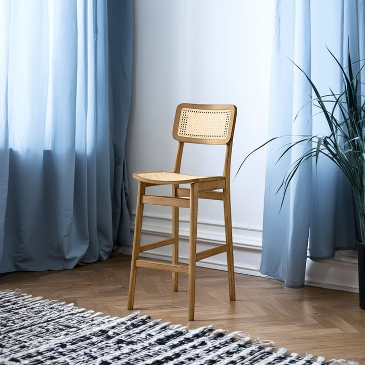 Tabouret de bar carré en bois de frêne et rotin tissé japonais traditionnel avec dossier et repose-pieds pour cuisine et comptoir de bar 