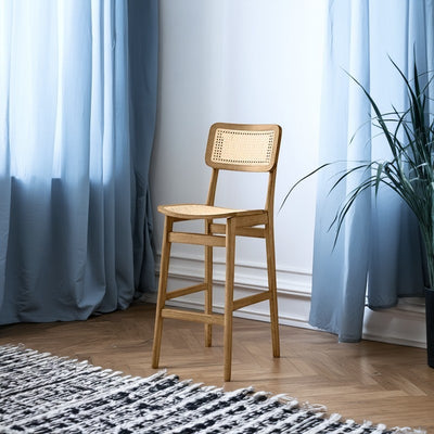 Tabouret de bar carré en bois de frêne et rotin tissé japonais traditionnel avec dossier et repose-pieds pour cuisine et comptoir de bar 