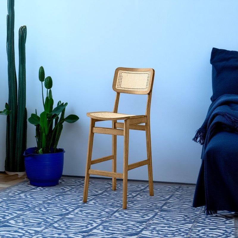 Tabouret de bar carré en bois de frêne et rotin tissé japonais traditionnel avec dossier et repose-pieds pour cuisine et comptoir de bar 