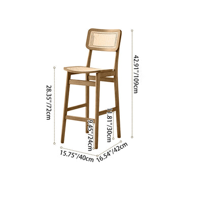 Tabouret de bar carré en bois de frêne et rotin tissé japonais traditionnel avec dossier et repose-pieds pour cuisine et comptoir de bar 