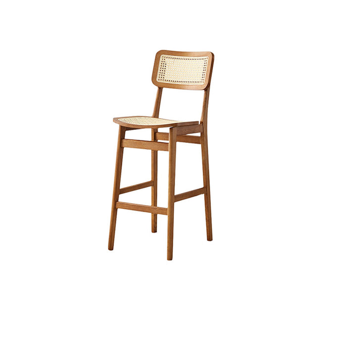 Tabouret de bar carré en bois de frêne et rotin tissé japonais traditionnel avec dossier et repose-pieds pour cuisine et comptoir de bar 
