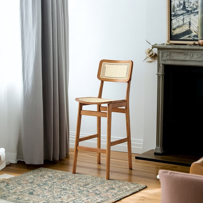Tabouret de bar carré en bois de frêne et rotin tissé japonais traditionnel avec dossier et repose-pieds pour cuisine et comptoir de bar 