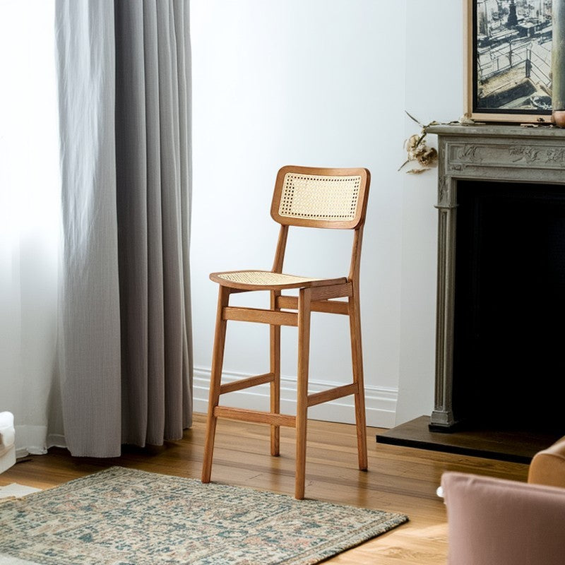Tabouret de bar carré en bois de frêne et rotin tissé japonais traditionnel avec dossier et repose-pieds pour cuisine et comptoir de bar 