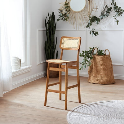 Tabouret de bar carré en bois de frêne et rotin tissé japonais traditionnel avec dossier et repose-pieds pour cuisine et comptoir de bar 