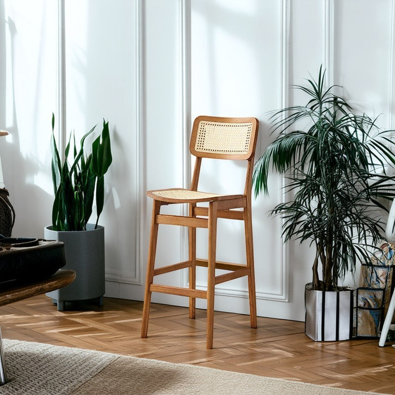 Tabouret de bar carré en bois de frêne et rotin tissé japonais traditionnel avec dossier et repose-pieds pour cuisine et comptoir de bar 