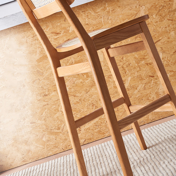 Tabouret de bar carré en bois de frêne et rotin tissé japonais traditionnel avec dossier et repose-pieds pour cuisine et comptoir de bar 