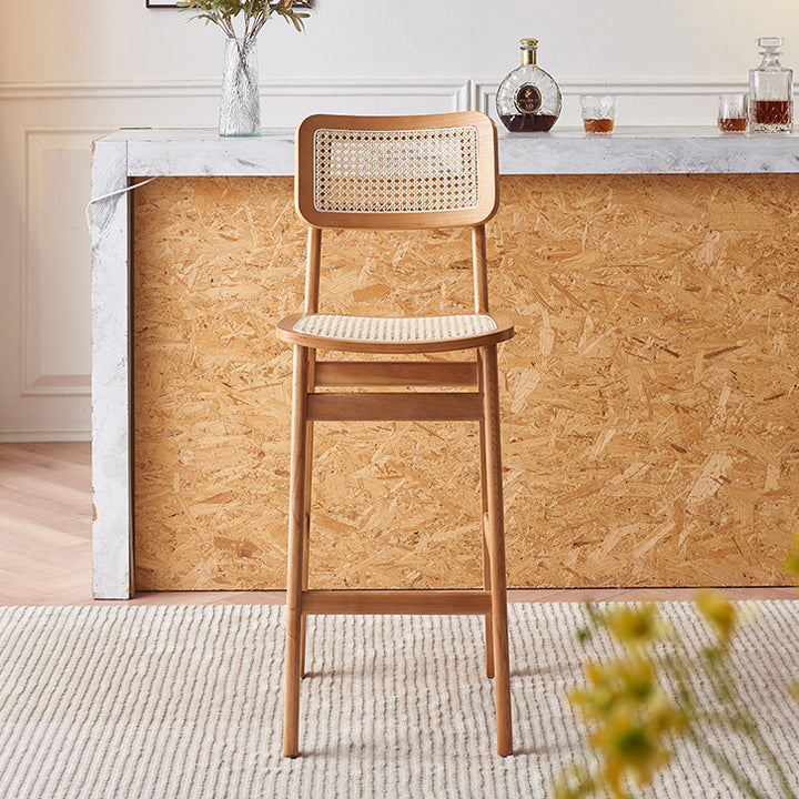 Traditional Japanese Weaving Ash Wood Plywood Rattan Weaving Square Bar Stool With Backrest & Footrest For Kitchen & Bar Counter