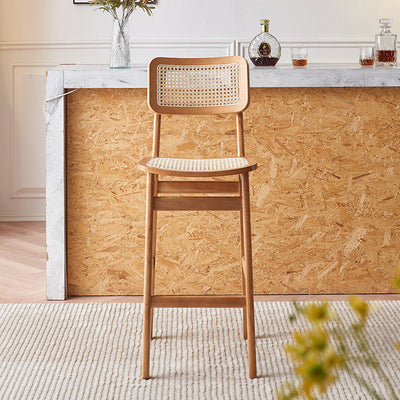 Tabouret de bar carré en bois de frêne et rotin tissé japonais traditionnel avec dossier et repose-pieds pour cuisine et comptoir de bar 
