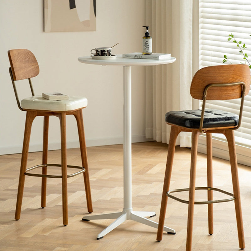 Tabouret de bar carré contemporain en bois massif et similicuir avec dossier et repose-pieds pour cuisine et bar 