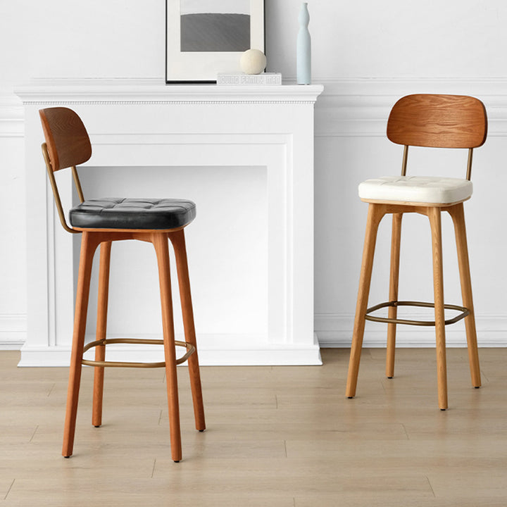 Contemporary Industrial Ash Wood Plywood PU Leather Square Bar Stool With Backrest And Footrest For Kitchen & Bar