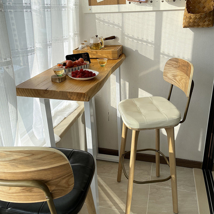 Tabouret de bar carré contemporain en bois massif et similicuir avec dossier et repose-pieds pour cuisine et bar 
