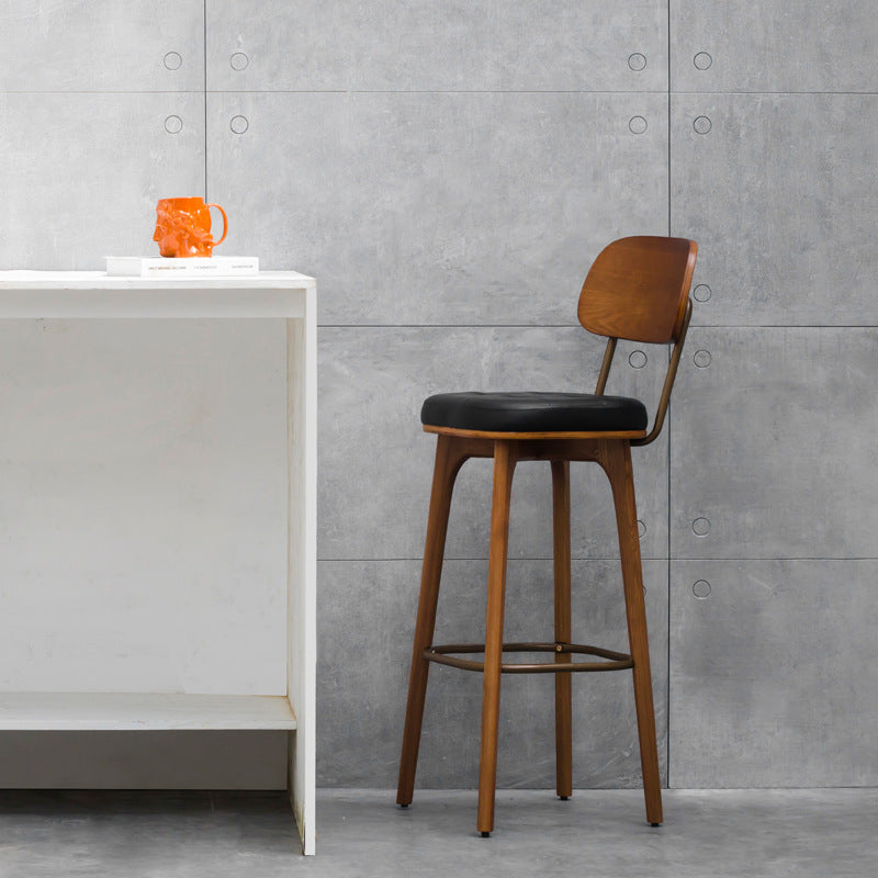 Tabouret de bar carré contemporain en bois massif et similicuir avec dossier et repose-pieds pour cuisine et bar 