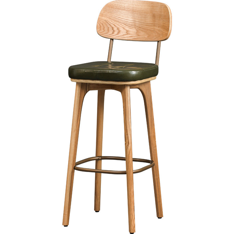 Tabouret de bar carré contemporain en bois massif et similicuir avec dossier et repose-pieds pour cuisine et bar 