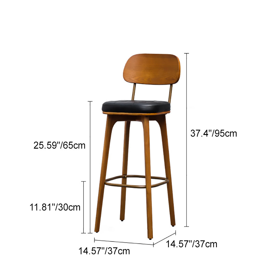 Tabouret de bar carré contemporain en bois massif et similicuir avec dossier et repose-pieds pour cuisine et bar 