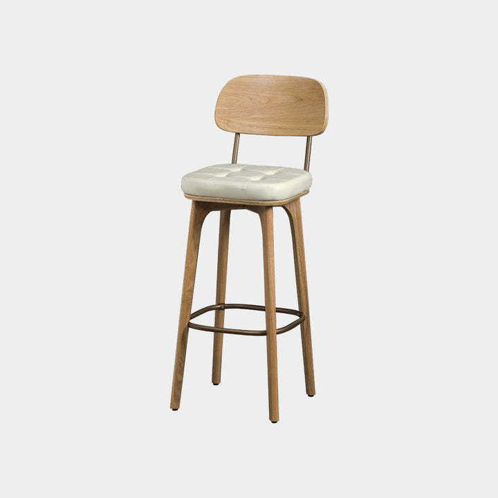 Tabouret de bar carré contemporain en bois massif et similicuir avec dossier et repose-pieds pour cuisine et bar 