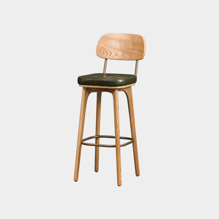 Tabouret de bar carré contemporain en bois massif et similicuir avec dossier et repose-pieds pour cuisine et bar 