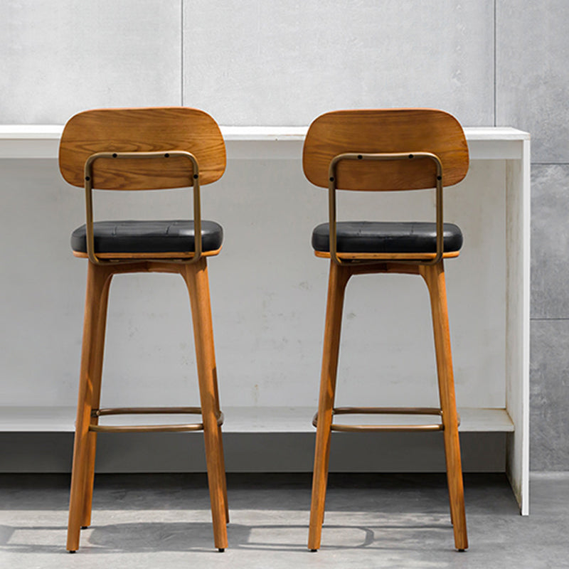 Tabouret de bar carré contemporain en bois massif et similicuir avec dossier et repose-pieds pour cuisine et bar 