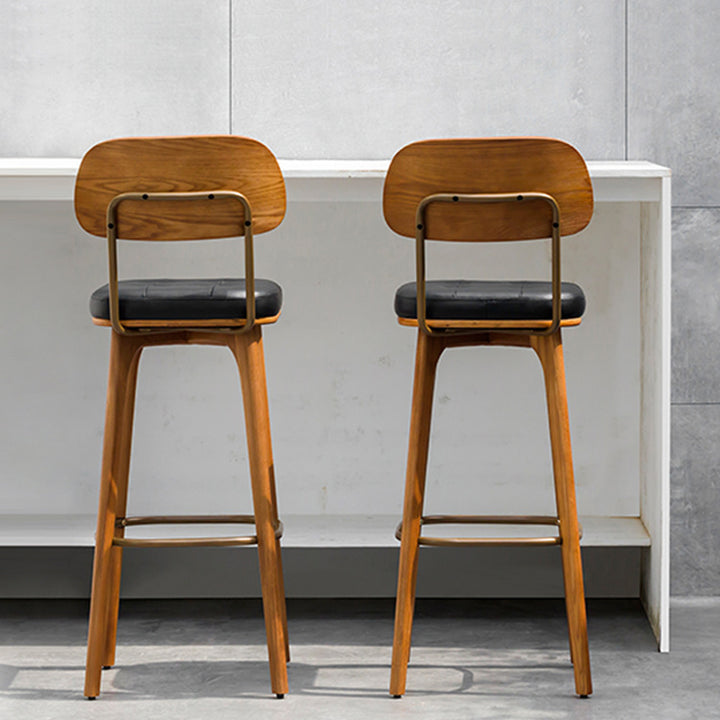 Tabouret de bar carré contemporain en bois massif et similicuir avec dossier et repose-pieds pour cuisine et bar 