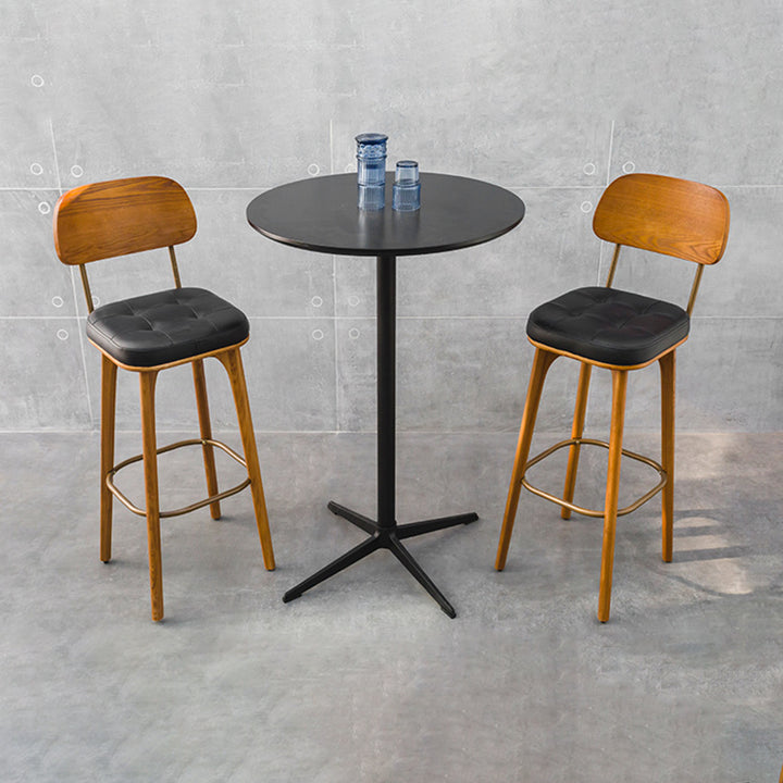 Tabouret de bar carré contemporain en bois massif et similicuir avec dossier et repose-pieds pour cuisine et bar 