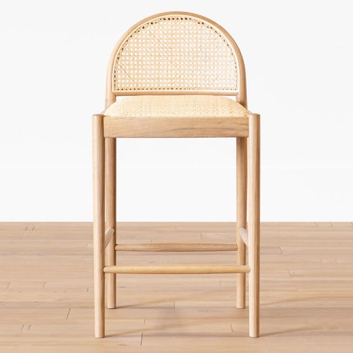 Traditional Japanese Weaving Ash Wood Plywood Rattan Weaving Square And Semi-Round Bar Stool With Backrest And Footrest For Kitchen & Bar