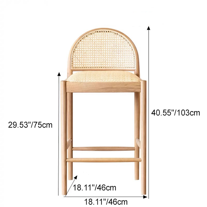 Traditional Japanese Weaving Ash Wood Plywood Rattan Weaving Square And Semi-Round Bar Stool With Backrest And Footrest For Kitchen & Bar