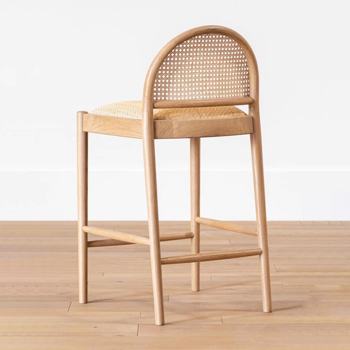 Traditional Japanese Weaving Ash Wood Plywood Rattan Weaving Square And Semi-Round Bar Stool With Backrest And Footrest For Kitchen & Bar
