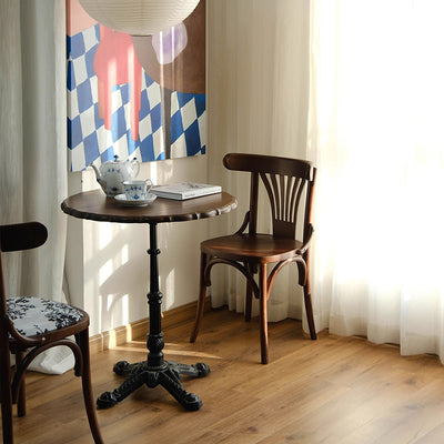 Silla de comedor contemporánea retro de madera de haya con asiento de tela de ratán y cuero sintético redondo con respaldo curvado para comedor 