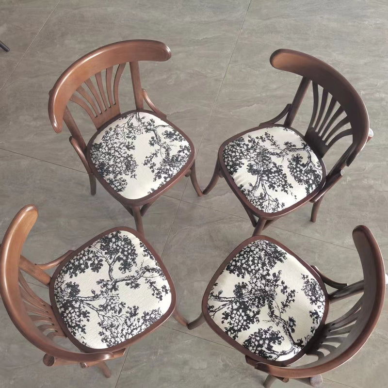 Silla de comedor contemporánea retro de madera de haya con asiento de tela de ratán y cuero sintético redondo con respaldo curvado para comedor 