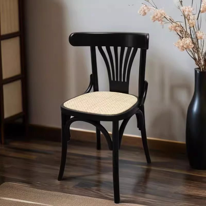 Silla de comedor contemporánea retro de madera de haya con asiento de tela de ratán y cuero sintético redondo con respaldo curvado para comedor 