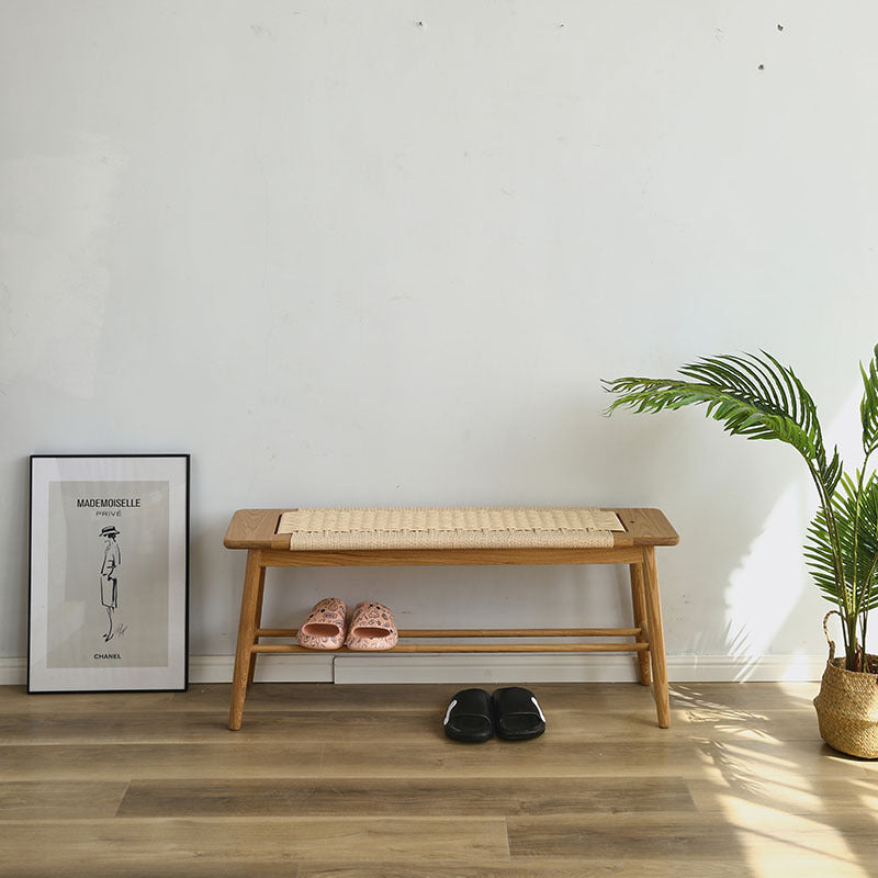 Zeitgenössische nordische Weberei Eiche Kirschholz Kordel rechteckige Bank mit 2-stufigem Design für den Eingangsbereich und das Wohnzimmer 